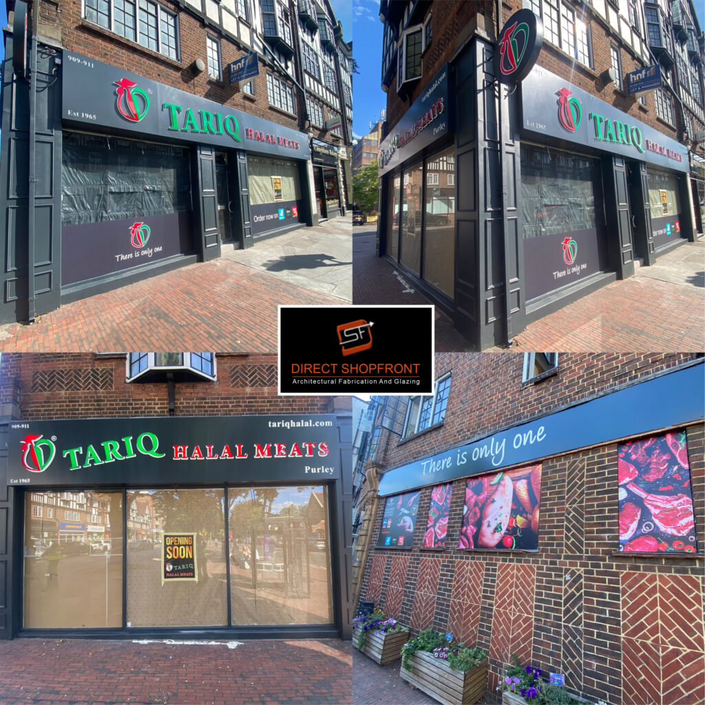 Modern shopfront design in Kingston upon Thames featuring sleek glass panels, durable aluminium framing, and a contemporary, secure commercial storefront aesthetic.