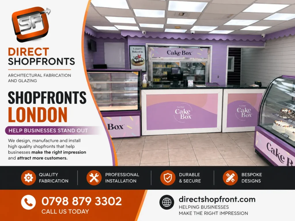 Black aluminium shopfront and automatic glass entrance installed for Kevin Convenience Store in London by Direct Shopfronts, in commercial glazing.