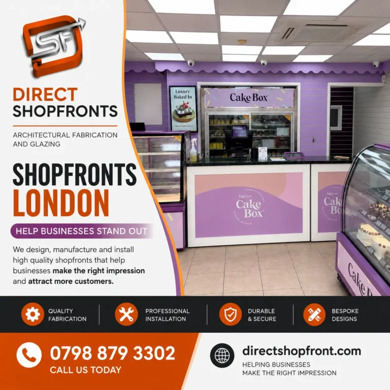 Black aluminium shopfront and automatic glass entrance installed for Kevin Convenience Store in London by Direct Shopfronts, specialists in commercial glazing.