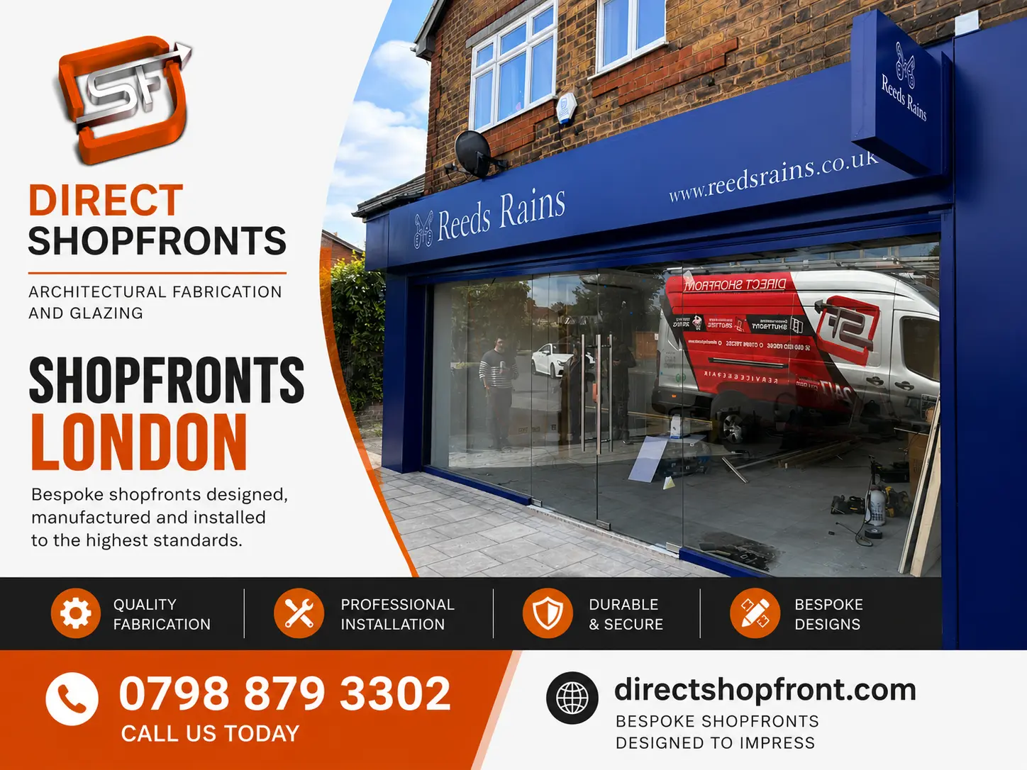Blue aluminium and frameless glass shopfront installed for Reeds Rains estate agents in London by Direct Shopfronts with bespoke commercial glazing.