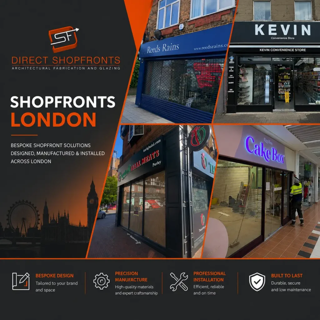 High-quality glass Shopfronts London created by Direct Shopfronts for retail businesses