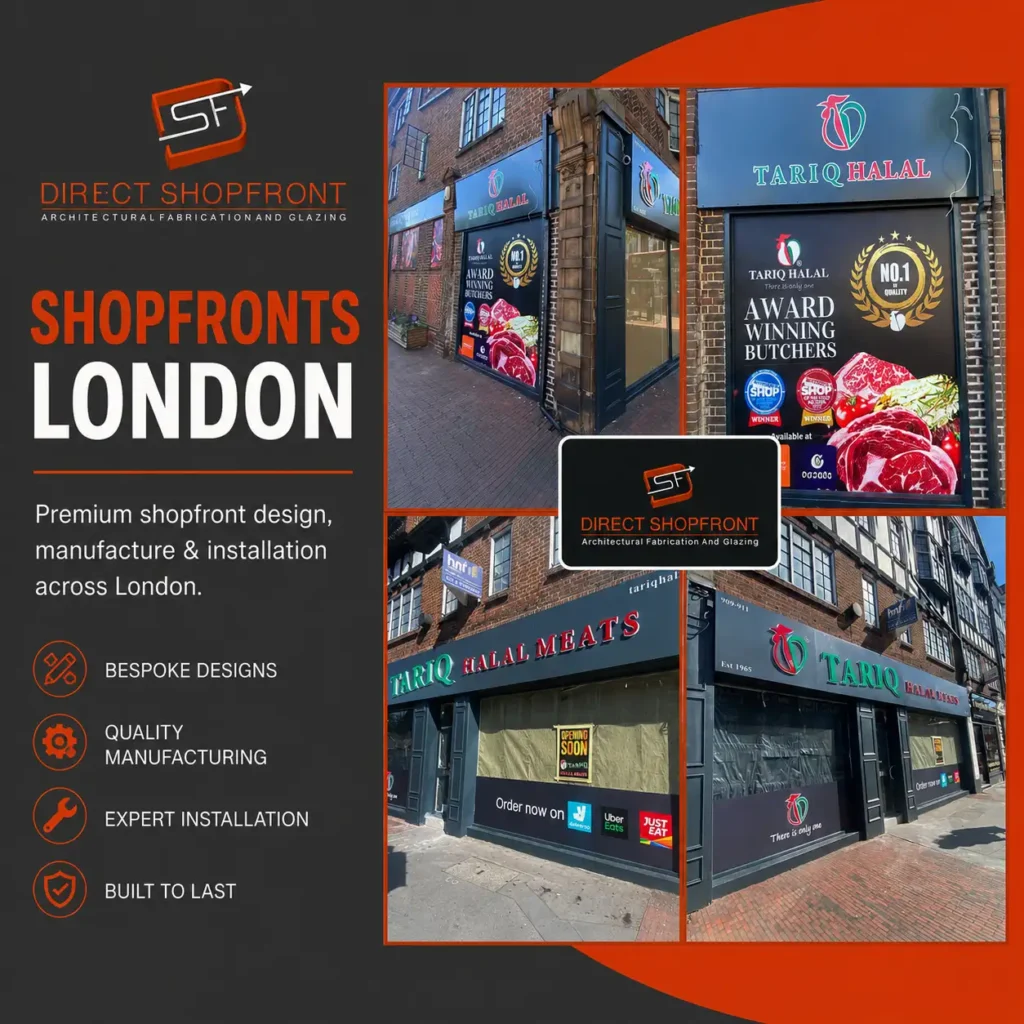 Premium Shopfronts London with bespoke aluminium and glass commercial frontage