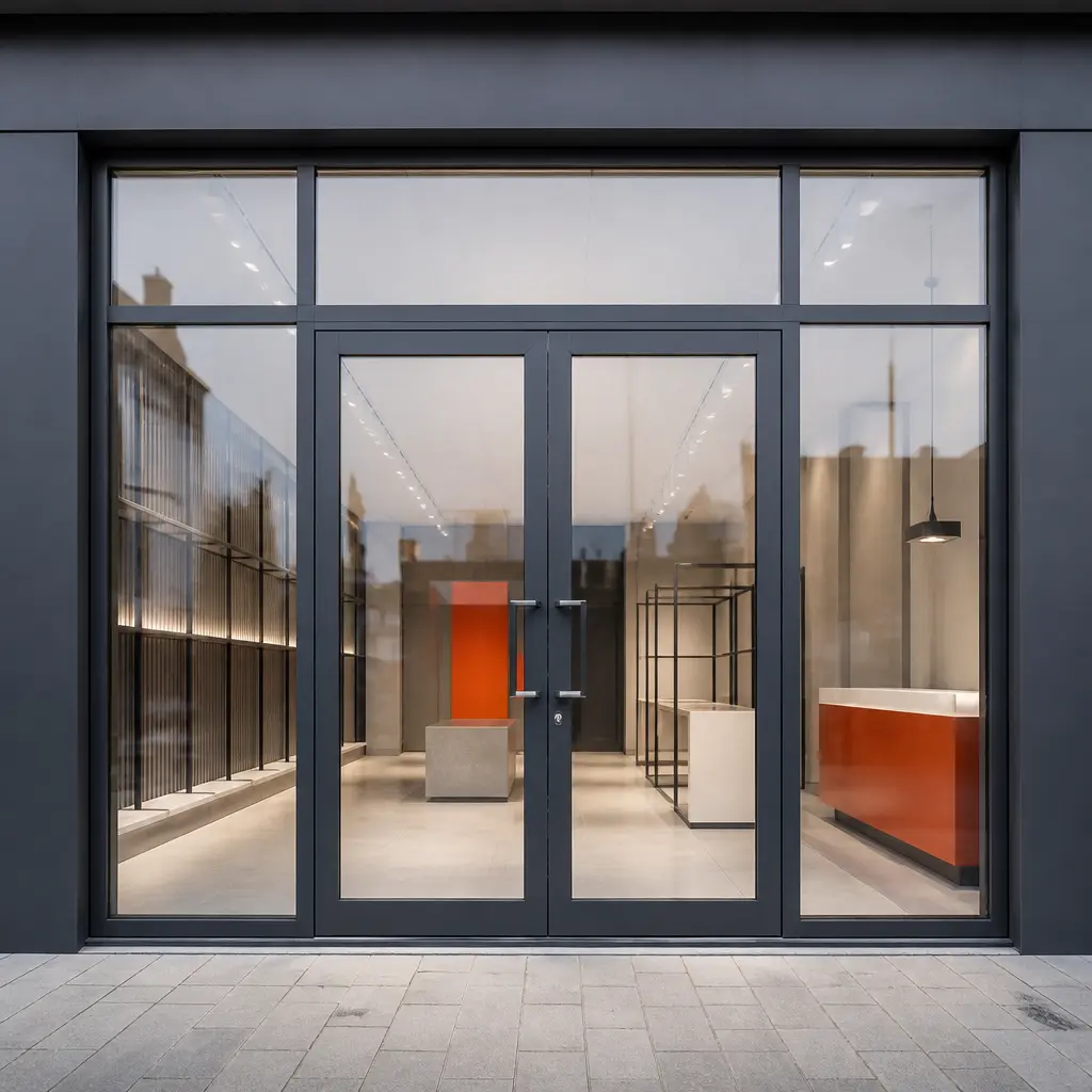 Modern aluminium-framed glass retail entrance