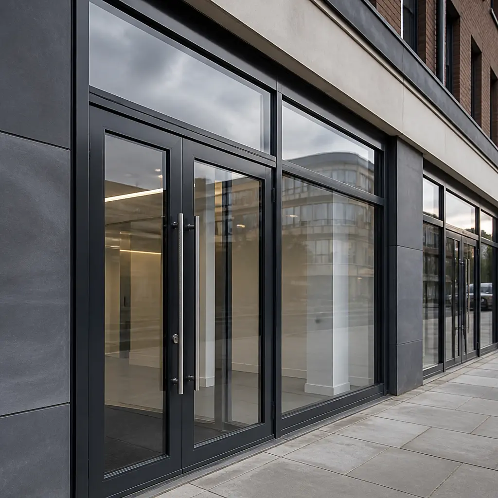Aluminium-framed glazed shopfront entrance