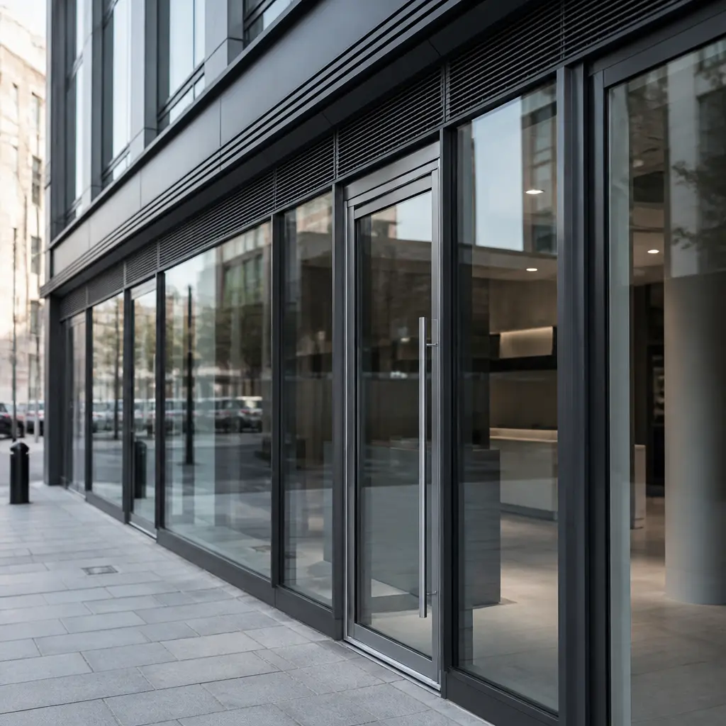 Aluminium-framed glass shopfront for commercial premises