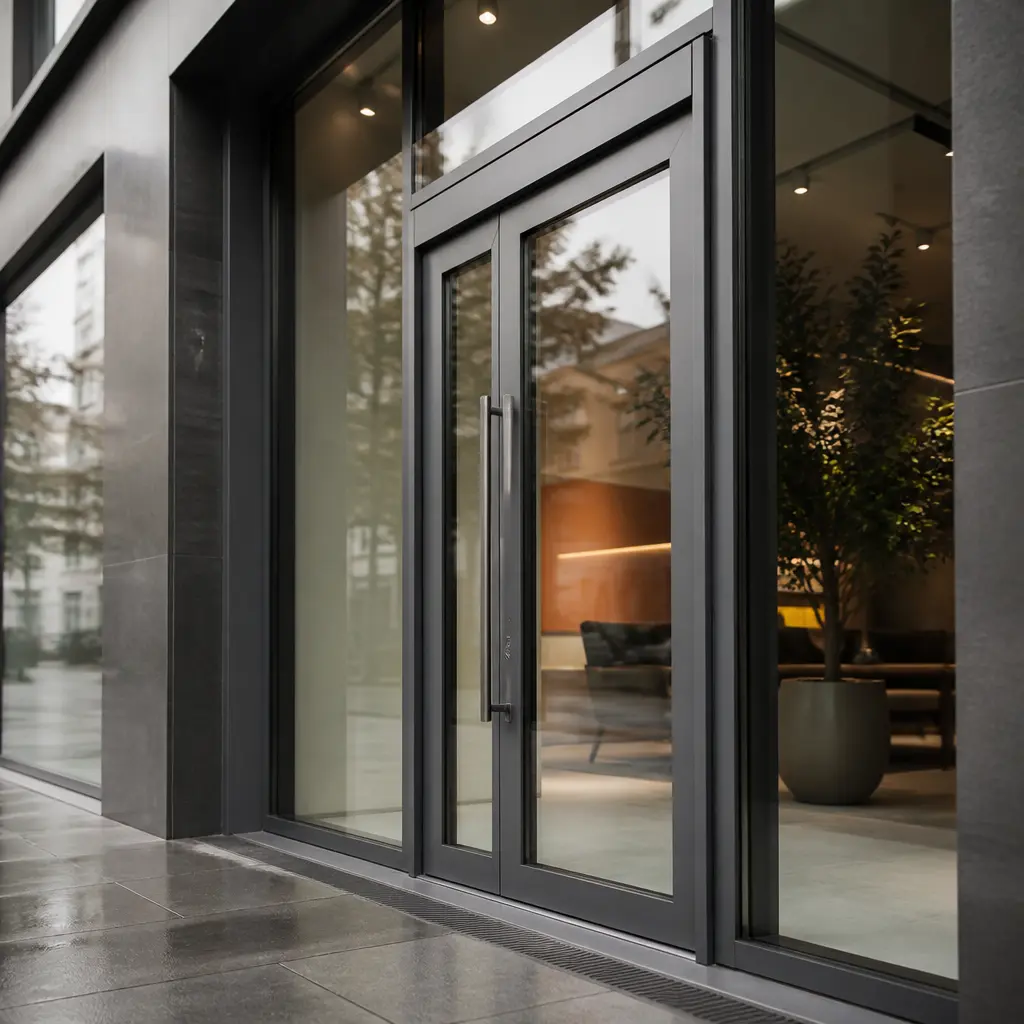 Aluminium-framed shopfront entrance for commercial premises
