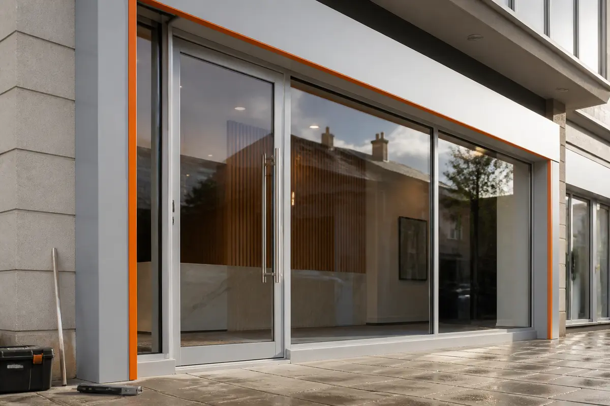 Shopfront material samples including metal frame finishes, glass and timber
