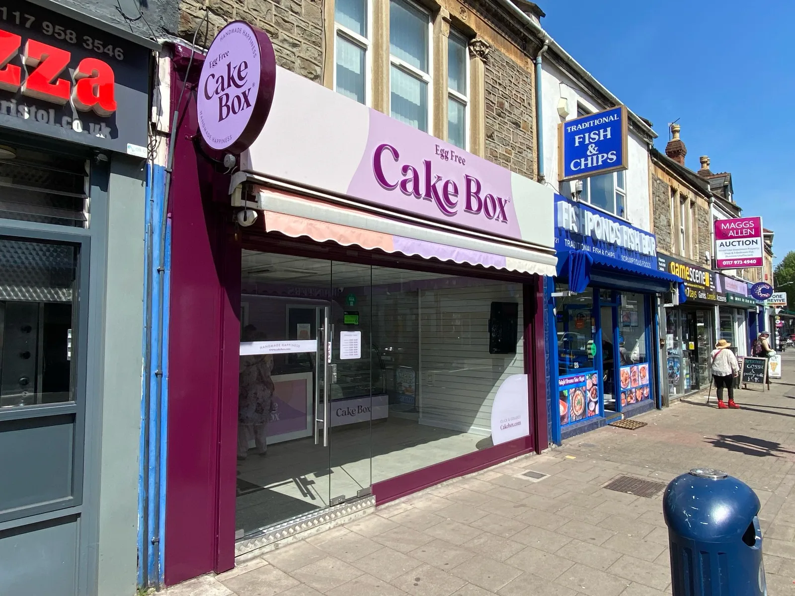 Cake Box shopfront by Direct Shopfront – high street view with projecting sign