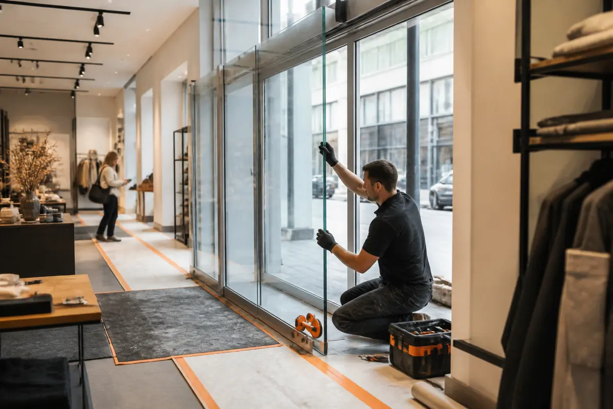 Installer assessing shopfront framework and glazing before replacement work