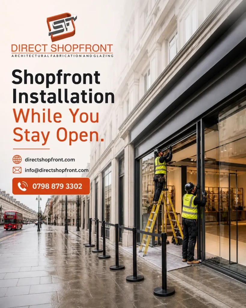 Modern shopfront installation at a commercial premises while the business remains open