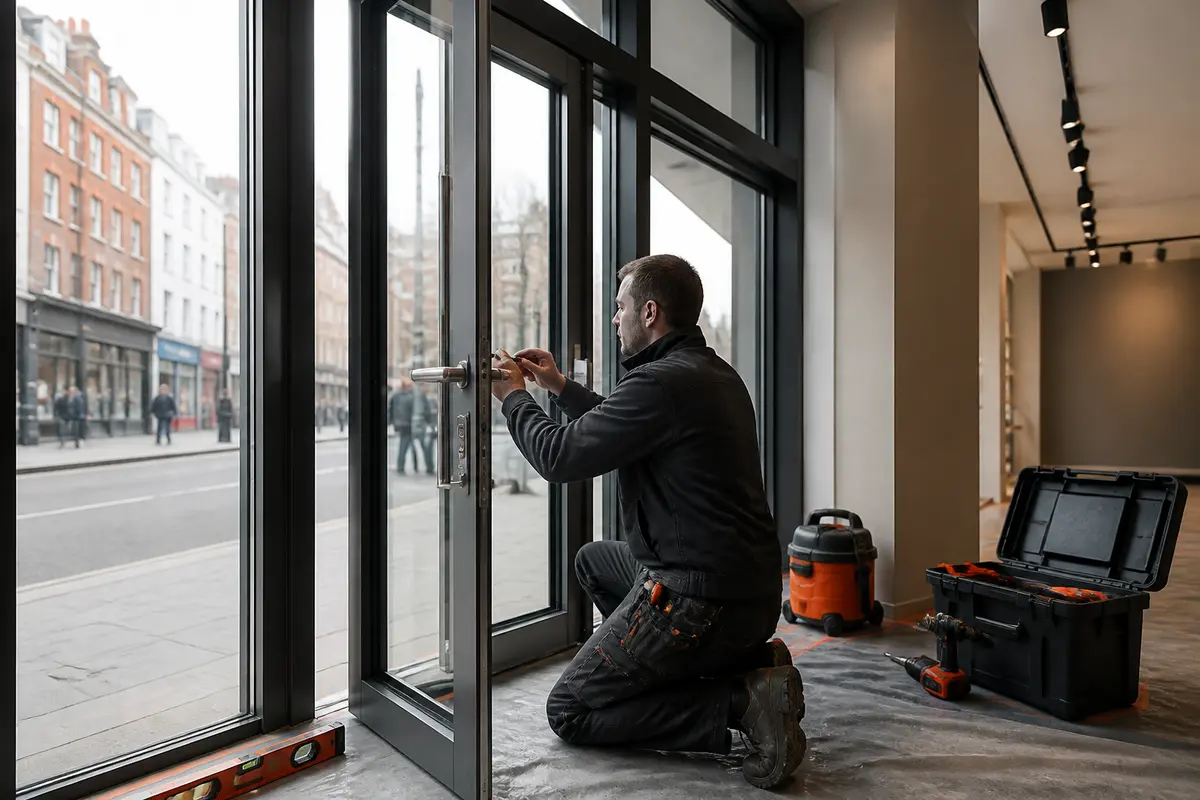 Shopfront glazing and aluminium frames prepared for scheduled installation