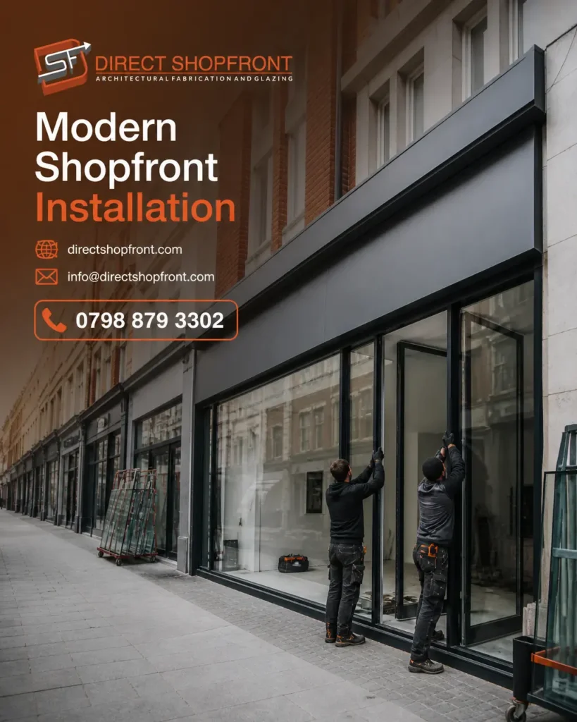 Modern commercial shopfront installation with aluminium and glass frontage during planning or fitting work