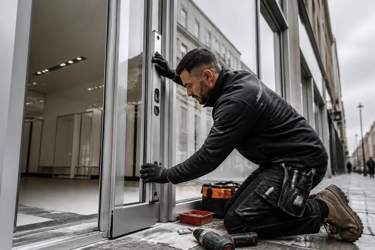 Retail shopfront glazing with weather seals and exterior signage