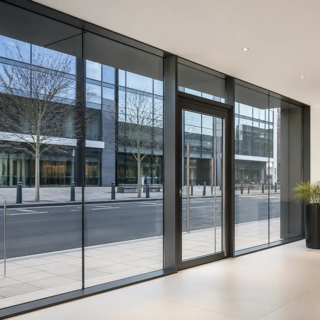 Contemporary commercial entrance with clear glass shopfront panels