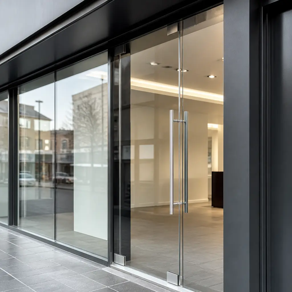 Glass shopfront entrance with aluminium framing