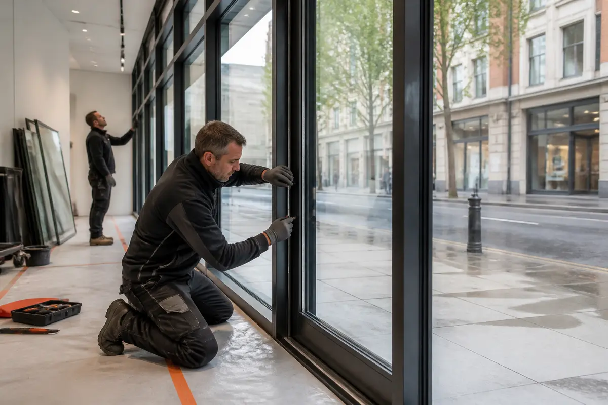 Bespoke aluminium shopfront frame and glazing being installed at a commercial unit