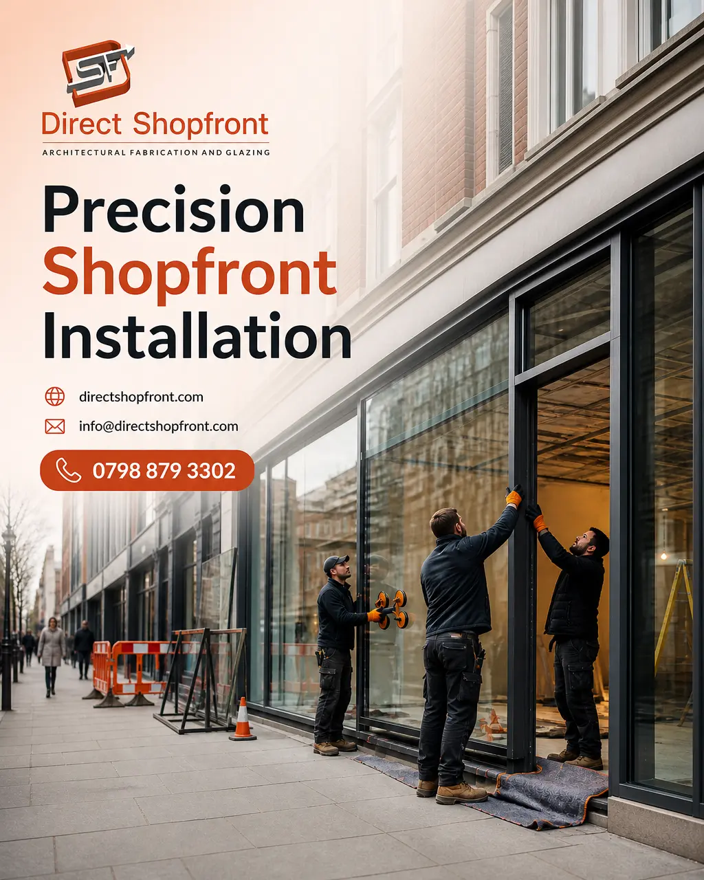Modern glass and aluminium shopfront under installation on a commercial premises in London