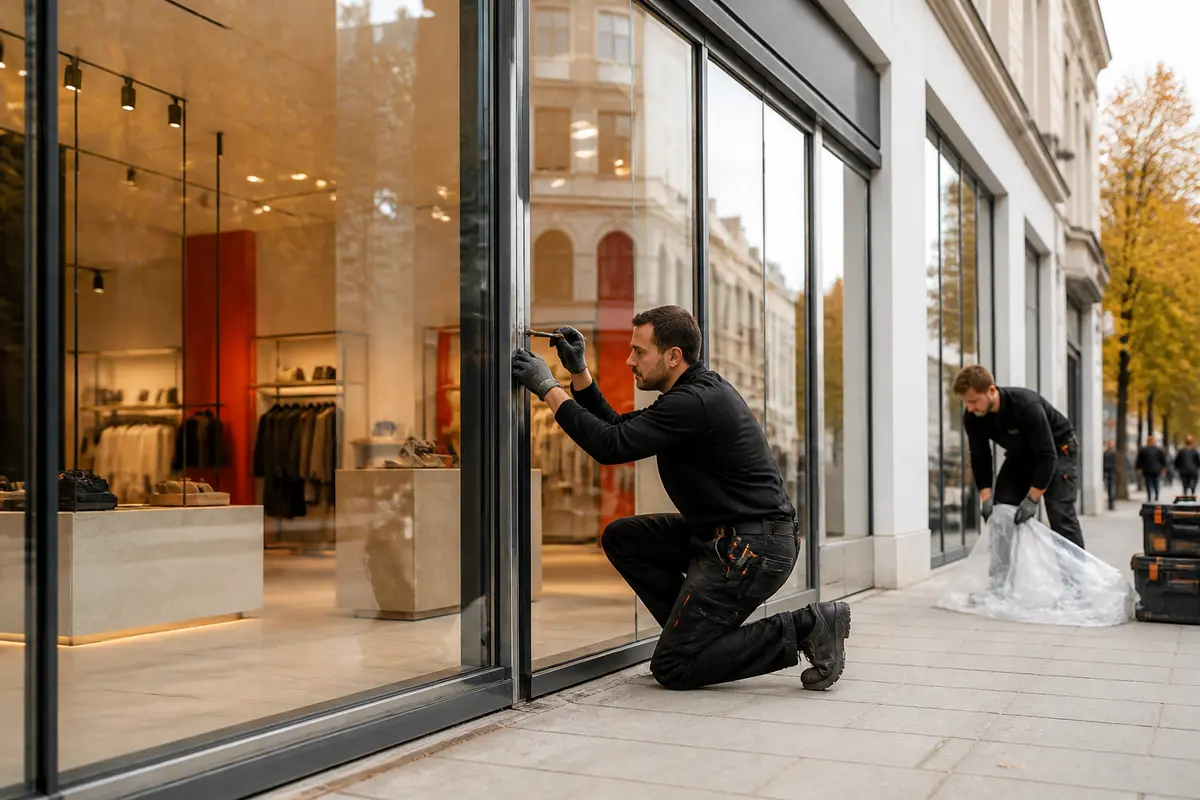 Business owner reviewing shopfront plans and site access arrangements