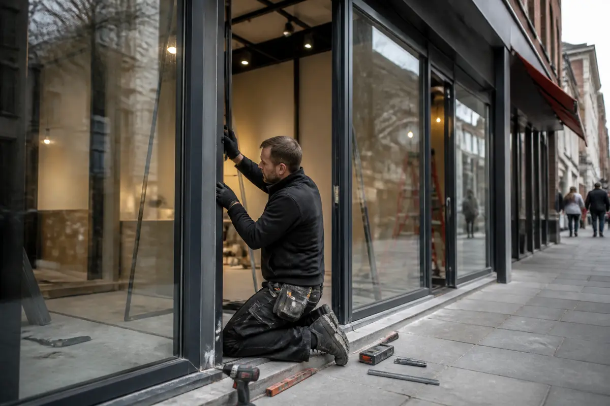 Accessible glazed shop entrance with subtle exterior lighting at dusk