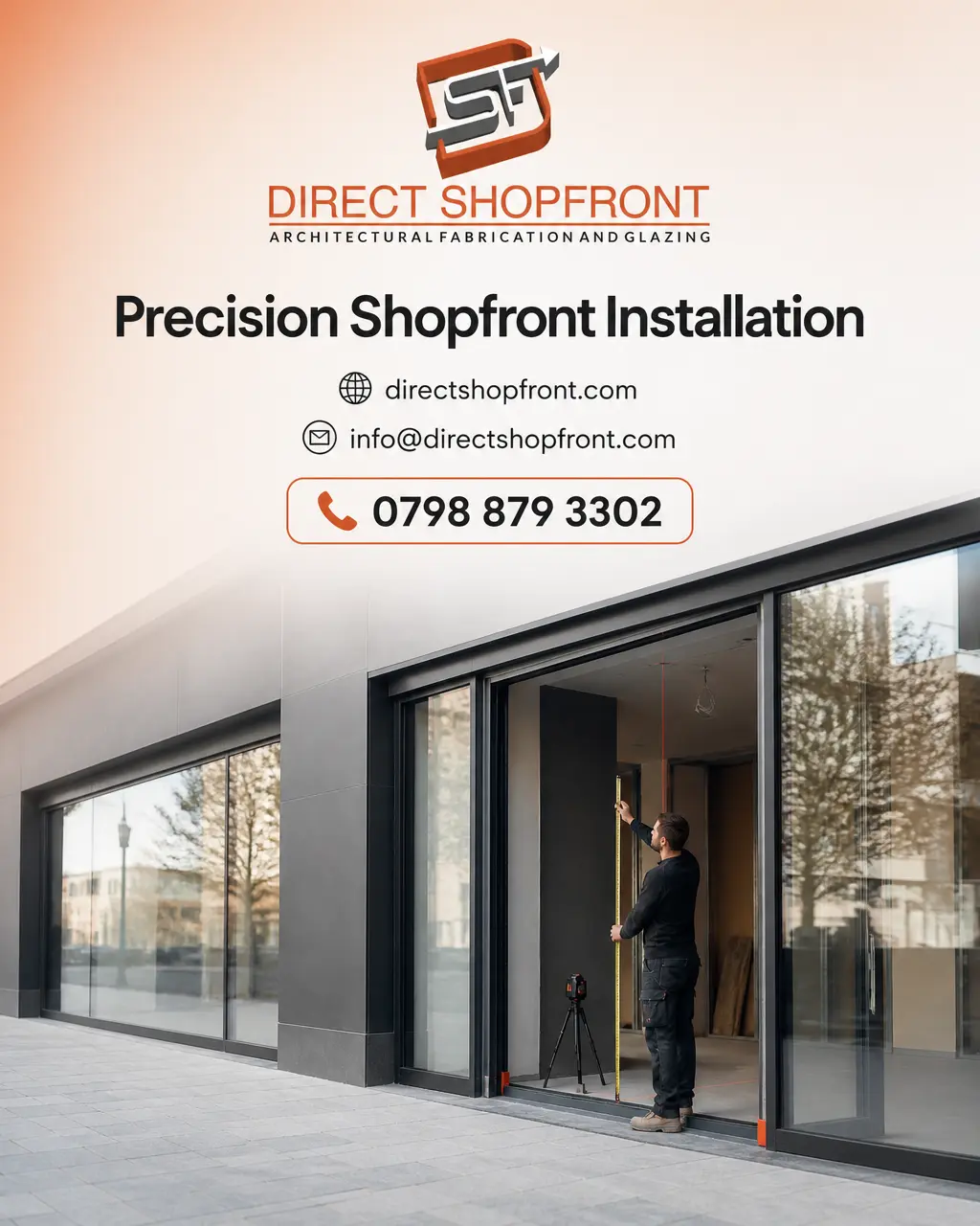 Shop fitter measuring a commercial premises frontage for a new shopfront installation plan