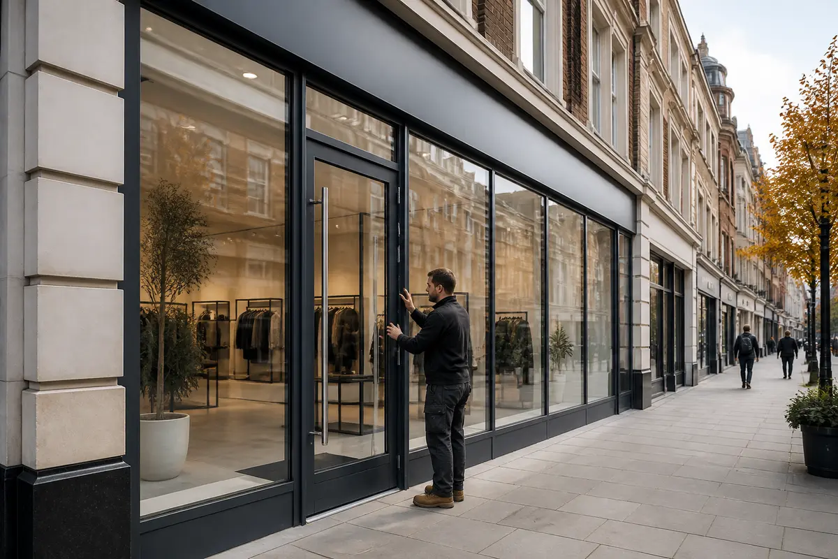 Commercial premises entrance with new glass door and prepared shopfront surround