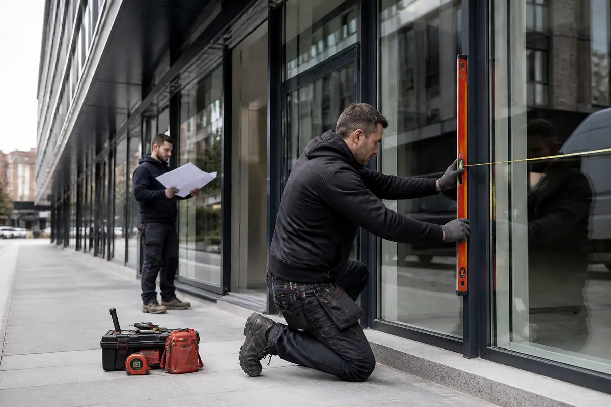 Retail manager reviewing shopfront drawings and material samples