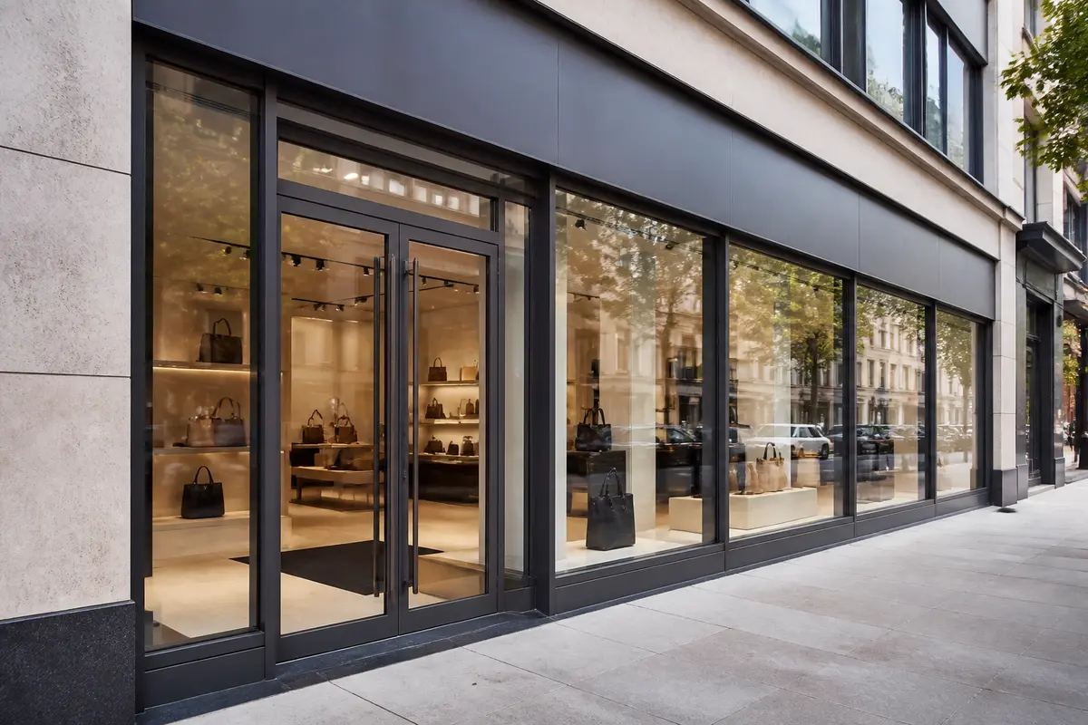 Modern glazed shopfront entrance with accessible level threshold