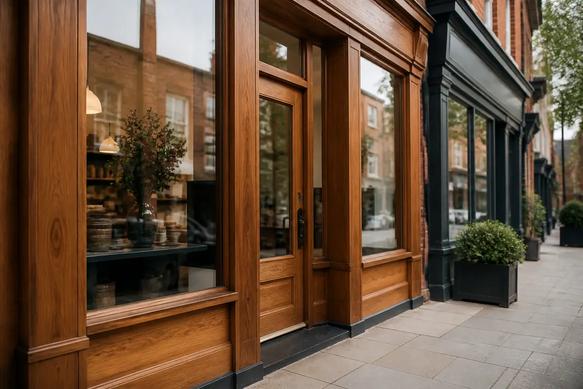 Glazed shop entrance with accessible doorway and security shutter