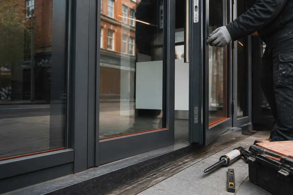 Clean aluminium shopfront frame and weather seal after rainfall