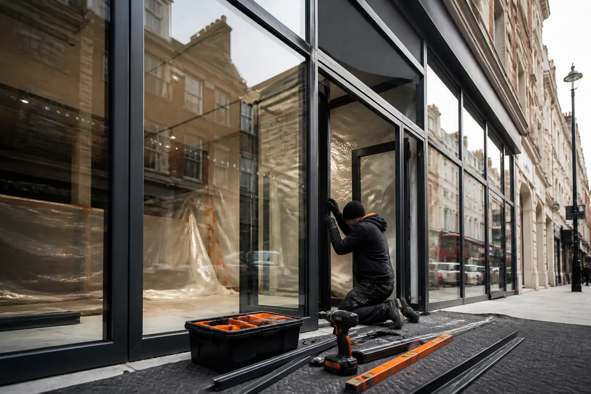 Installer measuring a commercial shopfront opening from the pavement