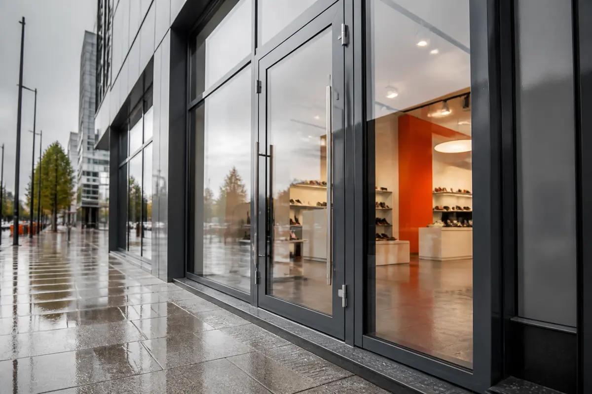 Shopfront frame showing weather-related corrosion and peeling coating