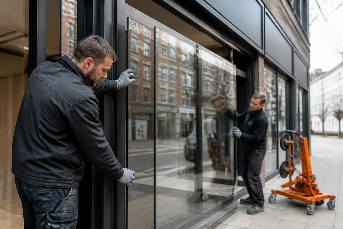 Retail shopfront installation with protected pavement and safety barriers