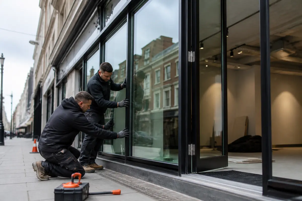 Business owner reviewing shopfront frame, glazing and door finish samples