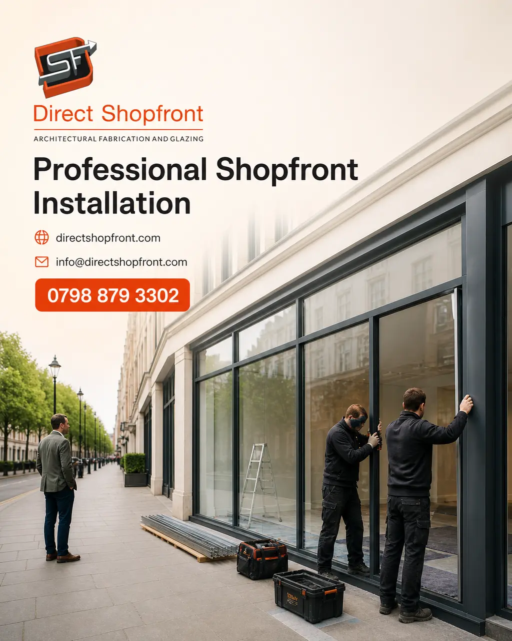 Commercial shopfront installation in progress with installers preparing a modern glass frontage.