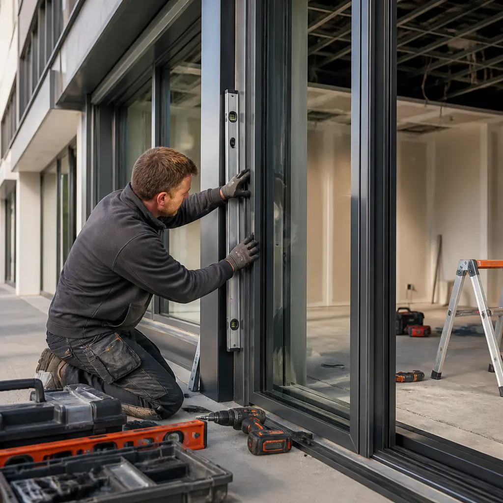 Professional fitting an aluminium shopfront frame