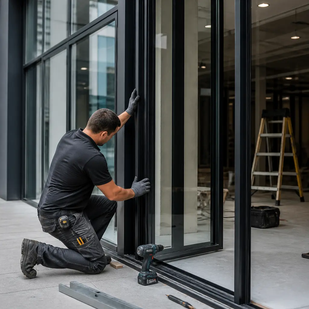 Tradesperson fitting a commercial shopfront frame