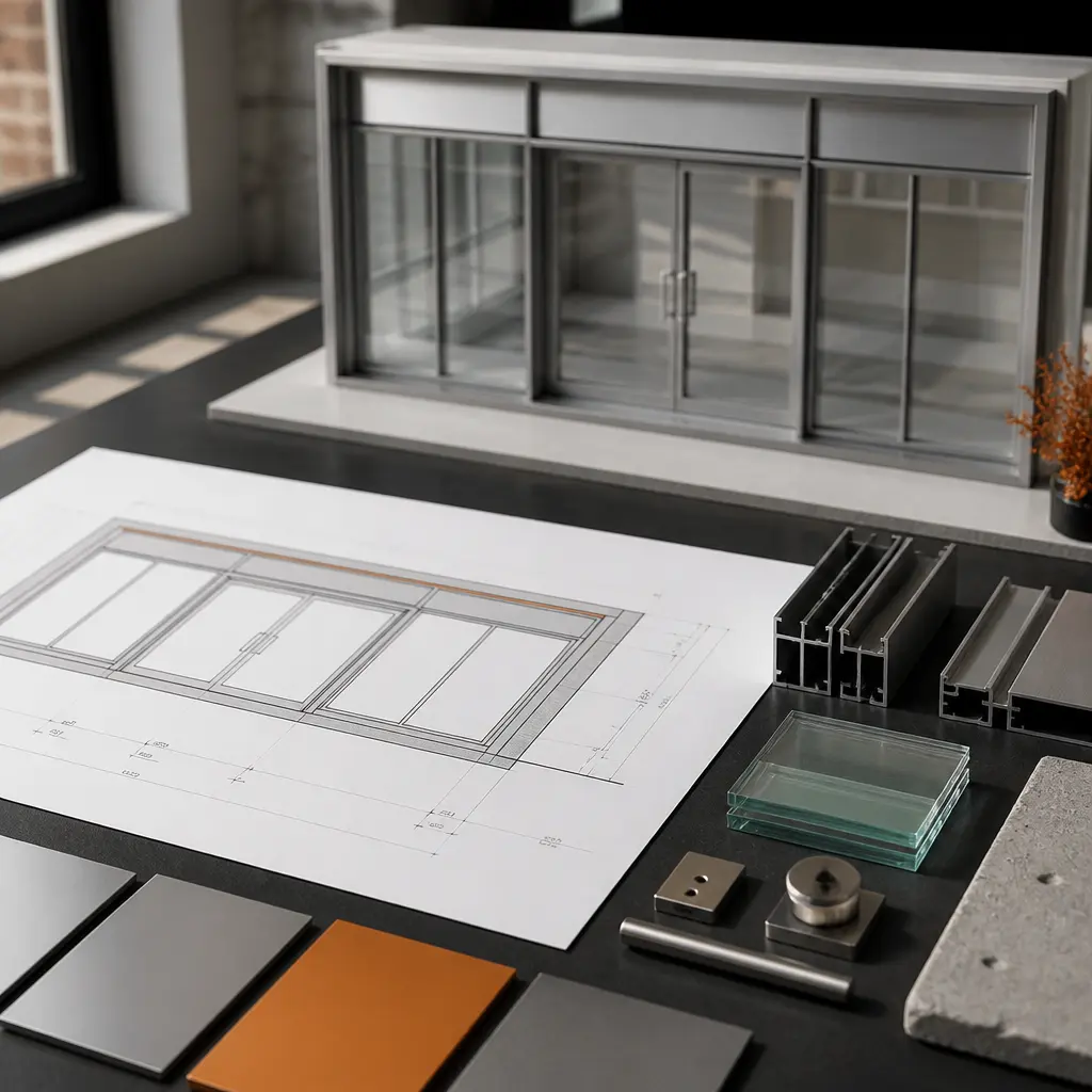 Shopfront design materials and elevation drawing