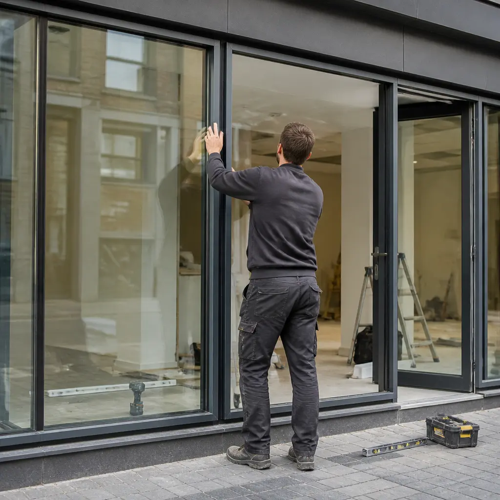 Installer fitting a glazed aluminium shopfront frame