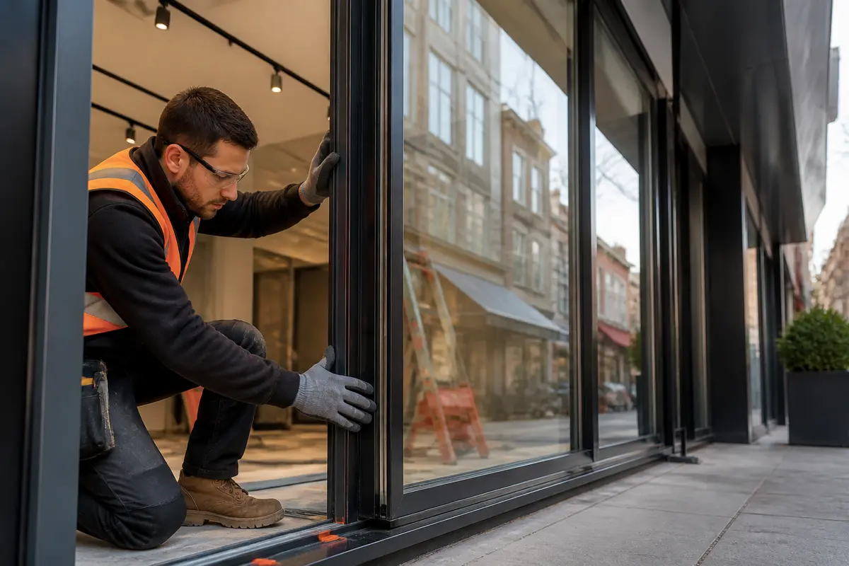 Completed glazed shopfront entrance with secure door hardware and clear access route