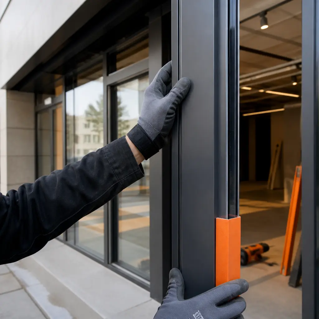 Installation of a modern aluminium shopfront frame at commercial premises