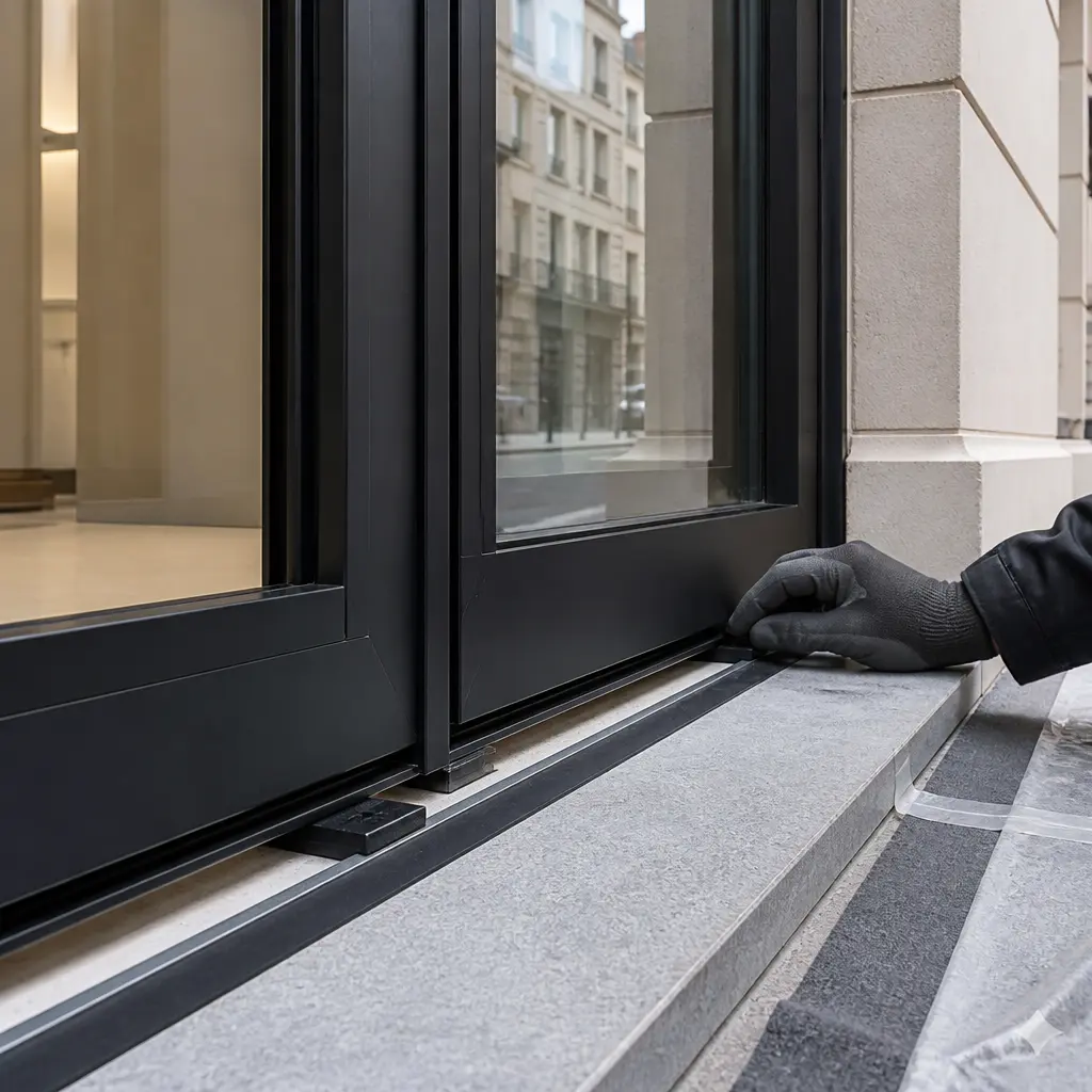 Commercial shopfront entrance with fitted frame and glazing