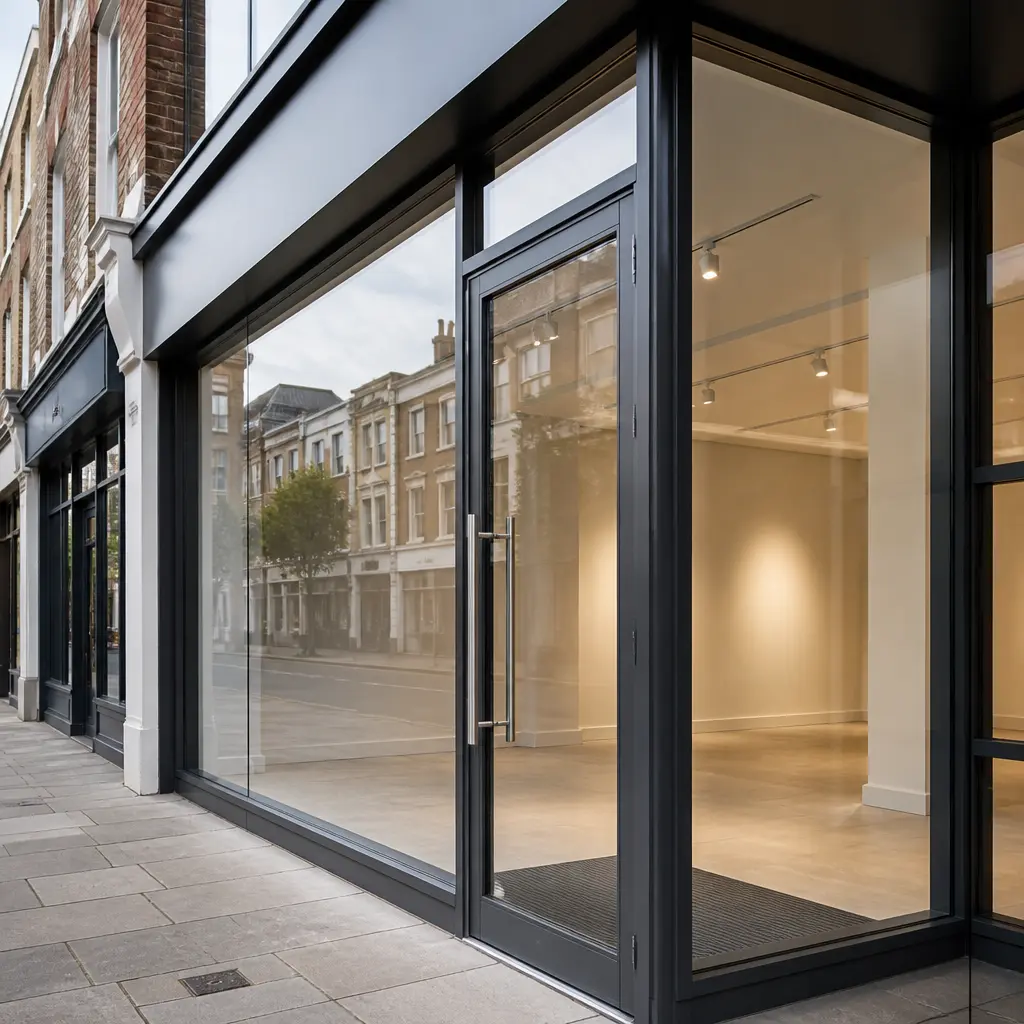 Modern glazed retail shopfront with aluminium frame details