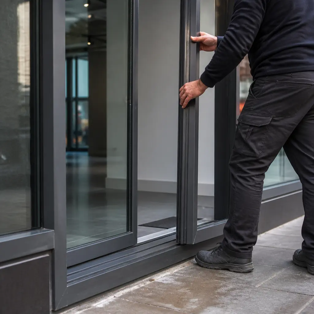 Installer aligning a commercial shopfront frame