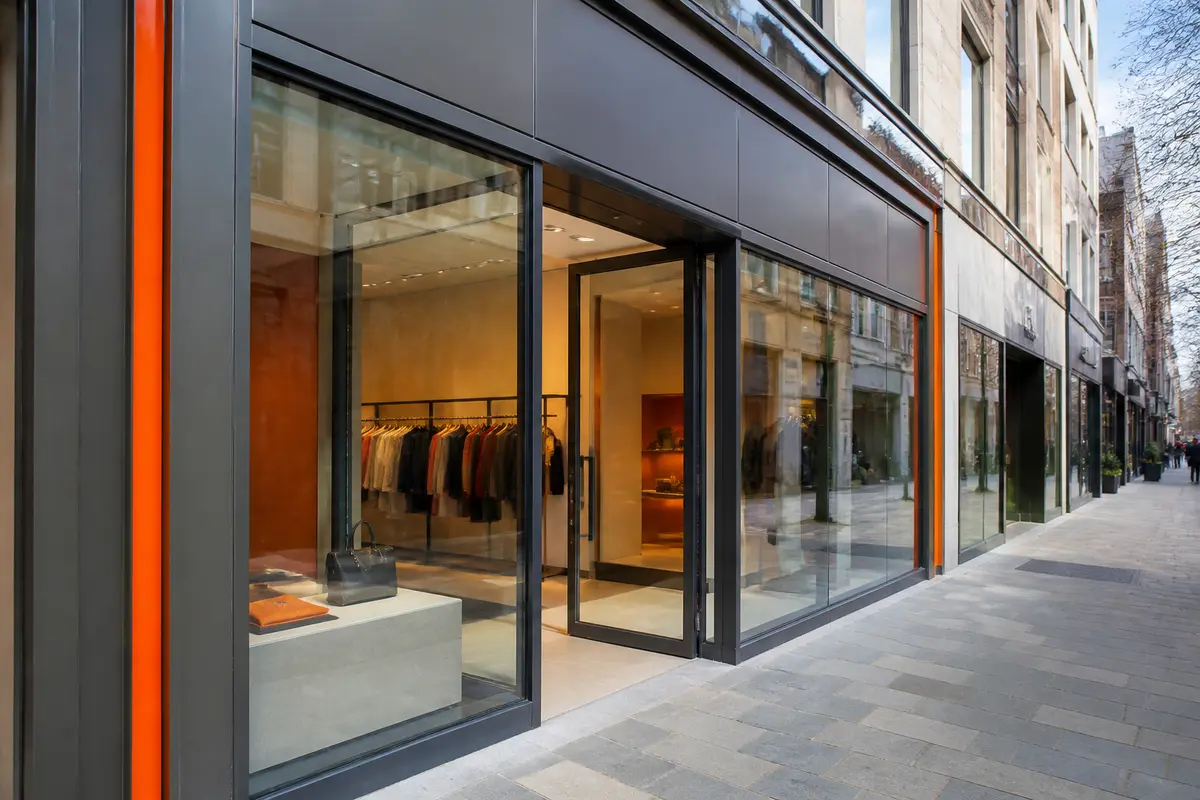 Accessible commercial entrance with durable materials and discreet security features