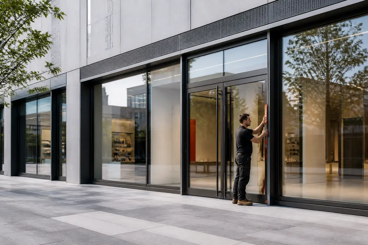 Glass entrance door and glazing being checked at a completed shopfront