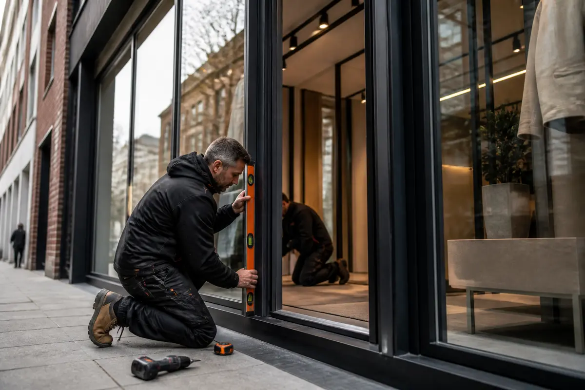 Retail owner discussing site access and installation timing at a shop entrance