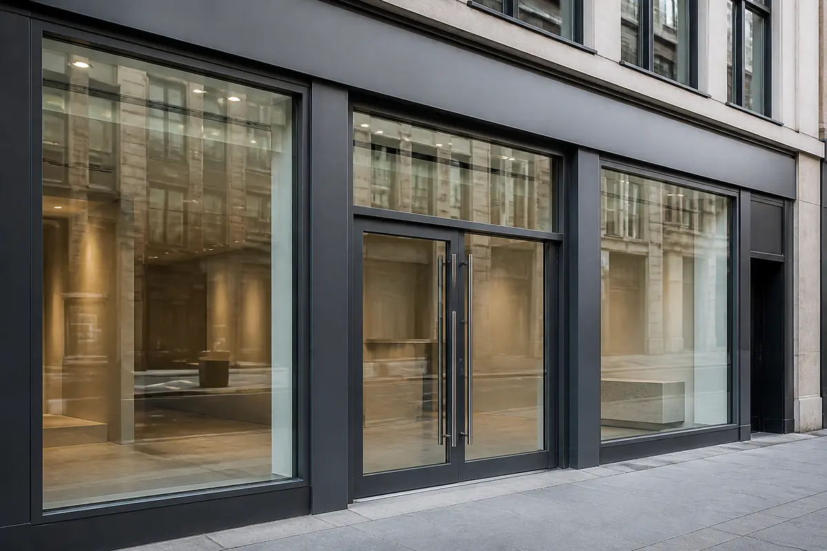 Close-up of safety glass being carefully installed in a retail shopfront frame
