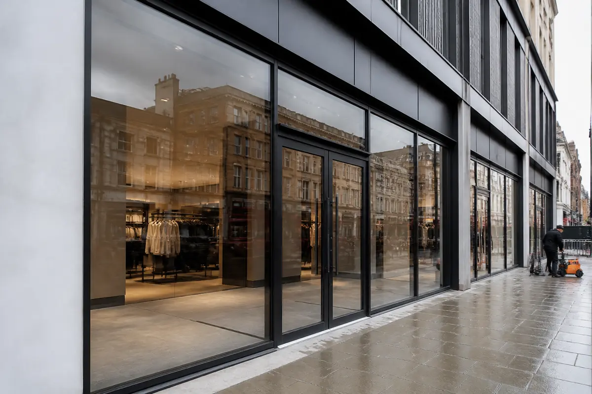 Installer checking the alignment and operation of a newly fitted shopfront door