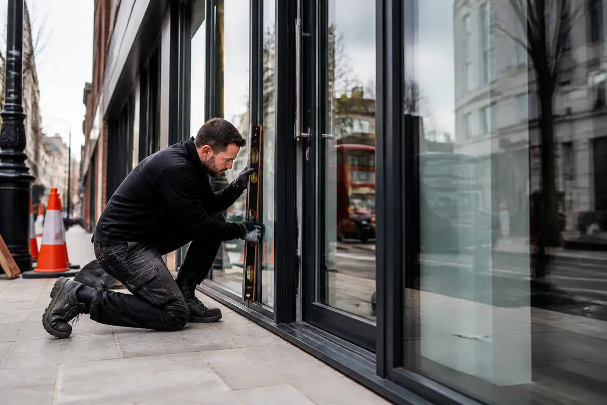 Protected shop entrance with temporary barriers during planned replacement work