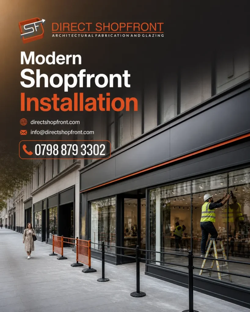 Modern commercial shopfront installation on a retail premises, showing aluminium and glass frontage work in progress